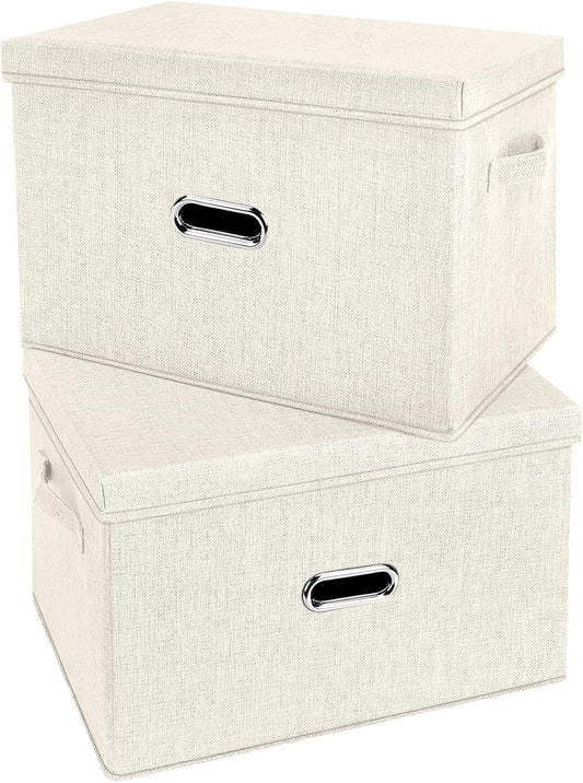 Large Linen Fabric Foldable Storage Bins with Removable Lid and Handles, Washable Storage Box Organizer Containers Baskets Cube with Cover for Bedroom,Office(Cream, Extra Large(2-Pack))