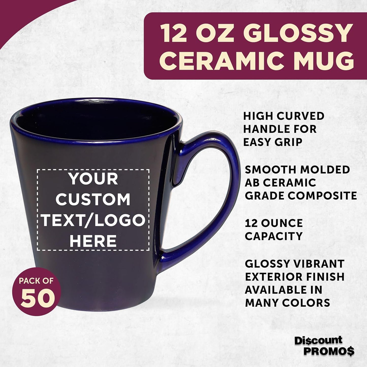 DISCOUNT PROMOS Custom Glossy Ceramic Latte Coffee Mug 12 oz. Set of 50, Personalized Bulk Pack - Perfect for Tea, Espresso, Cappuccino, Hot Cocoa - Blue