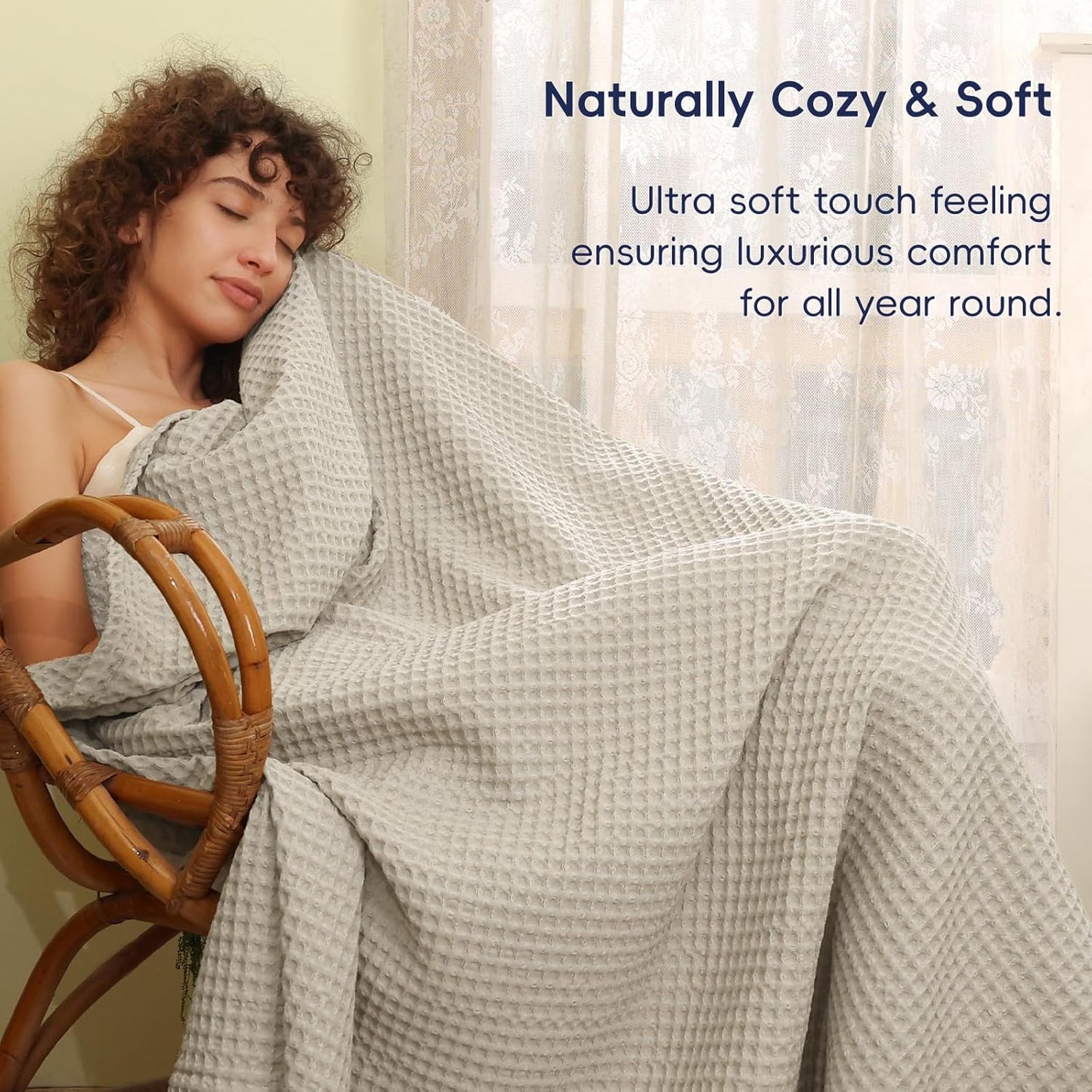 PHF Ultra Soft Waffle Weave Blanket King Size 104"x 90"- Washed Lightweight Breathable Cozy Woven Blanket for Bed - Aesthetic Decor for Couch Bedding Sofa Home Car - Light Khaki/Linen