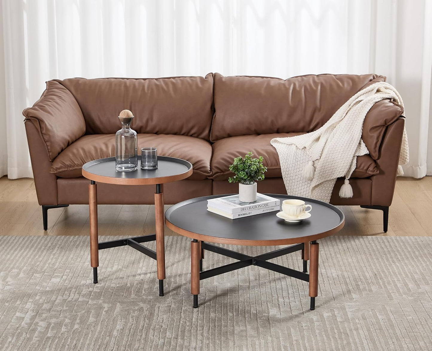 EALSON Nesting Coffee Table Set of 2 Round Coffee Tables with Black Metal Legs/Wood Top Mid Century Modern Centre Table Circle Accent Side Tables for Living Room Bedroom Walnut