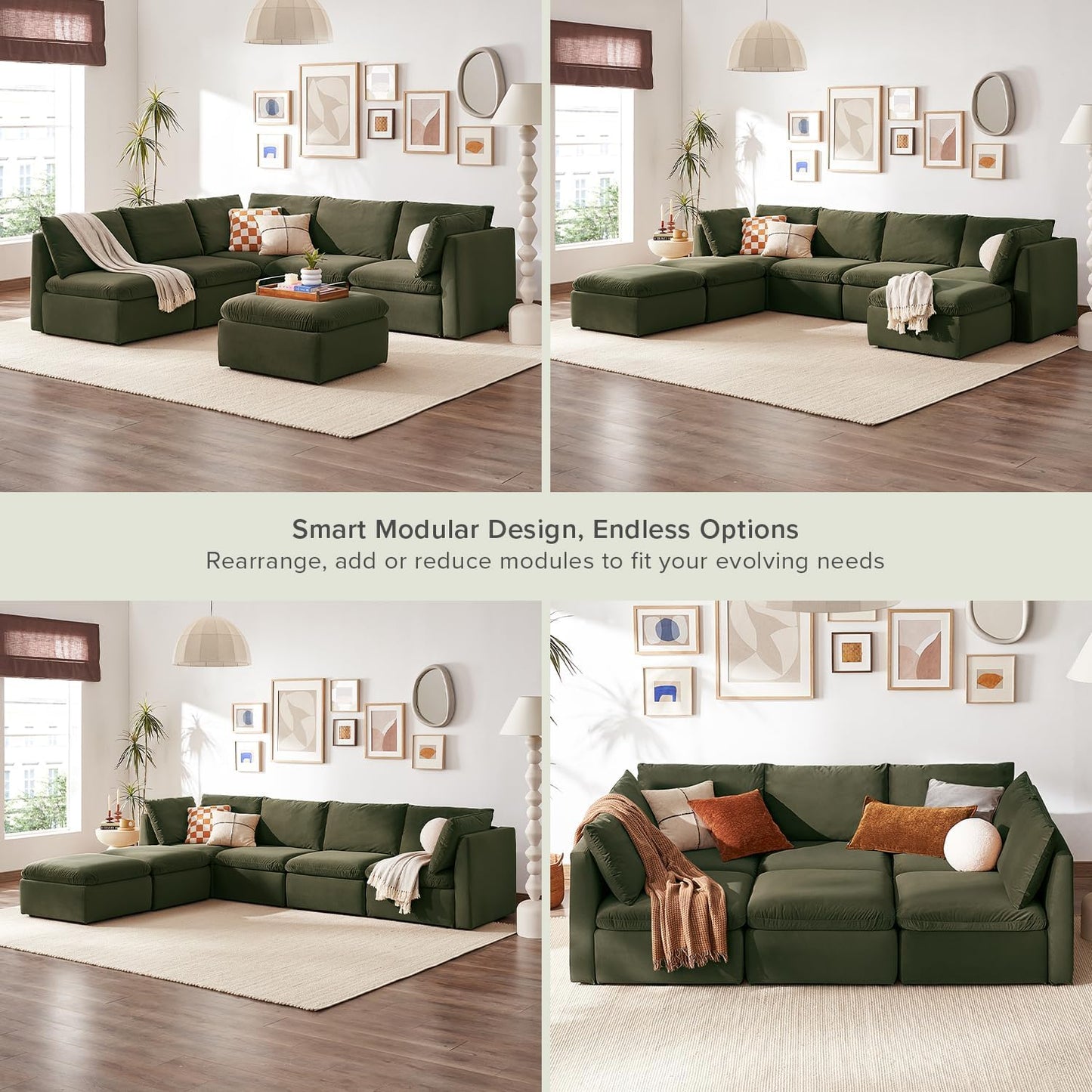 mopio Oversized Modular Sectional Sofa with Fully Removable Covers and Storage, Convertible U, L-Shaped and Sleeper Sectional, Modern Couches with Ottoman Chaise (Olive Green Velvet, 6 Seats, L)