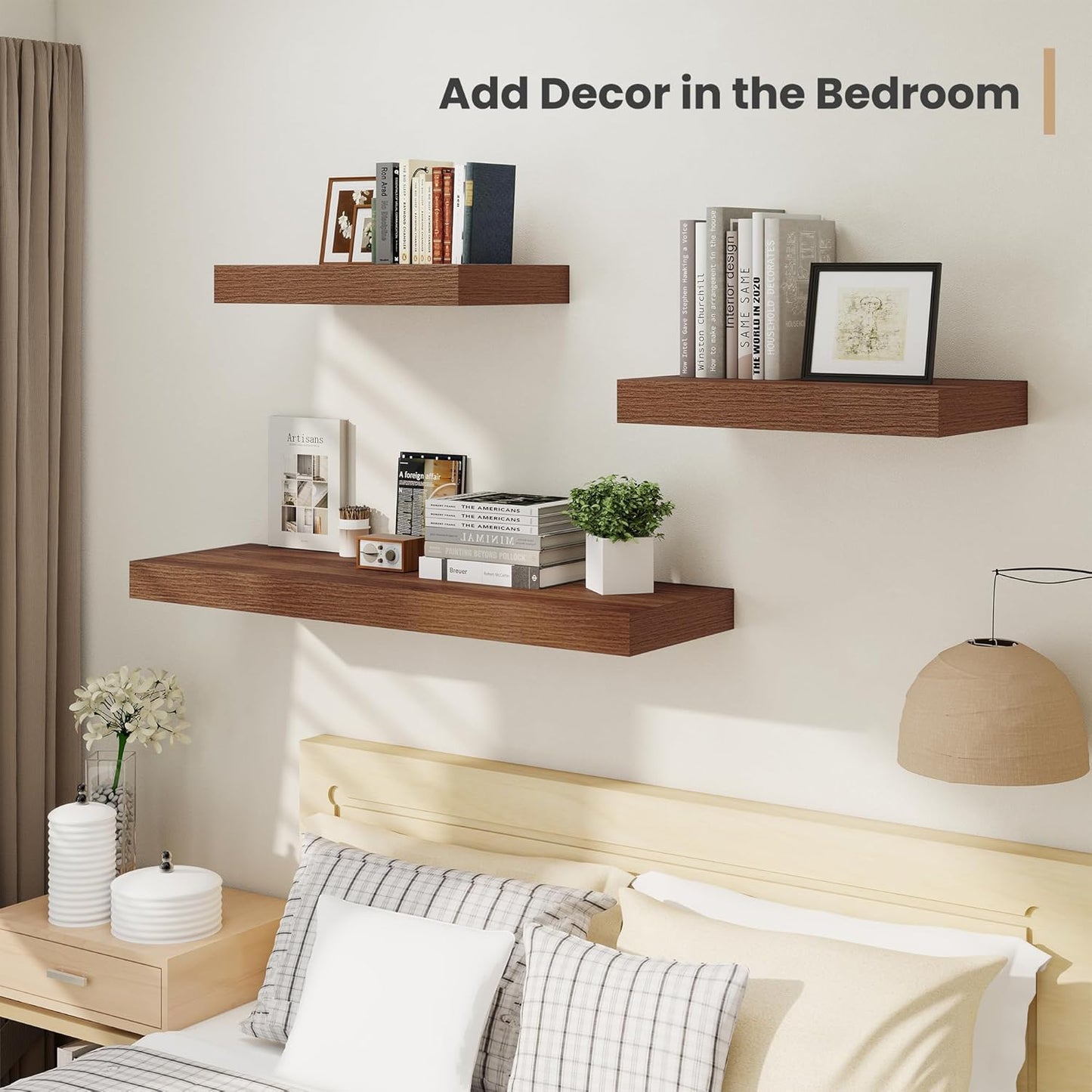 Heimlove 24 x 12 Inch Deep Floating Shelves Wall Mounted with Invisible Brackets,Storage Hanging Shelf for Wall Decor in Bathroom, Bedroom, Toilet, Kitchen, Living Room, Office Set of 2 (Walnut)