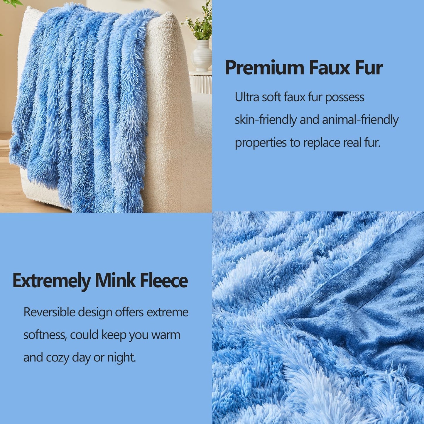 GONAAP Fuzzy Faux Fur Throw Blanket Indigo Super Soft Cozy Plush Fuzzy Shaggy Blanket for Couch Sofa Bed (Indigo, Throw(50"x60"))
