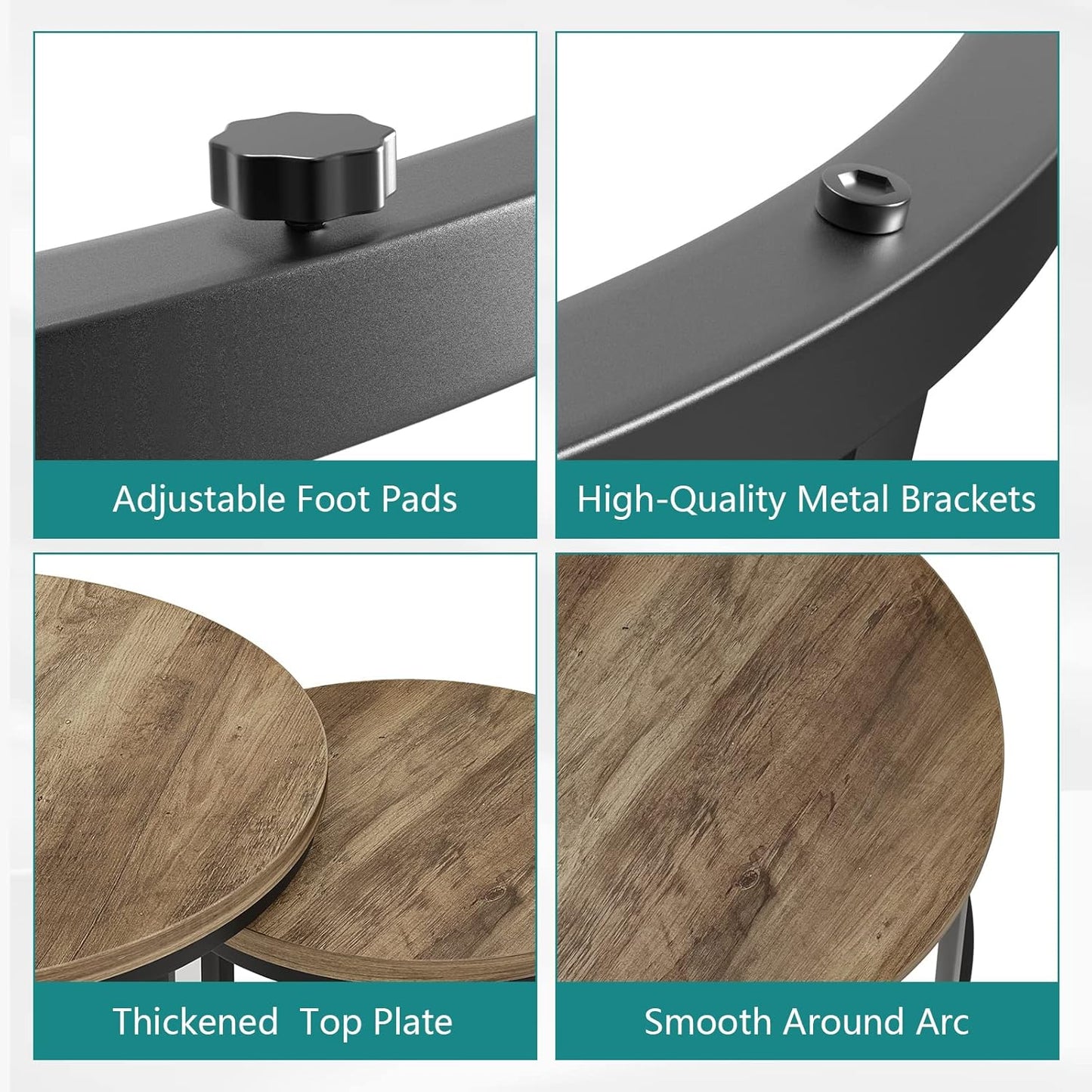 Smuxee Nesting Coffee Table Set of 2, 23.6" Round Coffee Table Wood Grain Top with Adjustable Non-Slip Feet, Industrial End Table Side Tables for Living Room Bedroom Balcony Yard