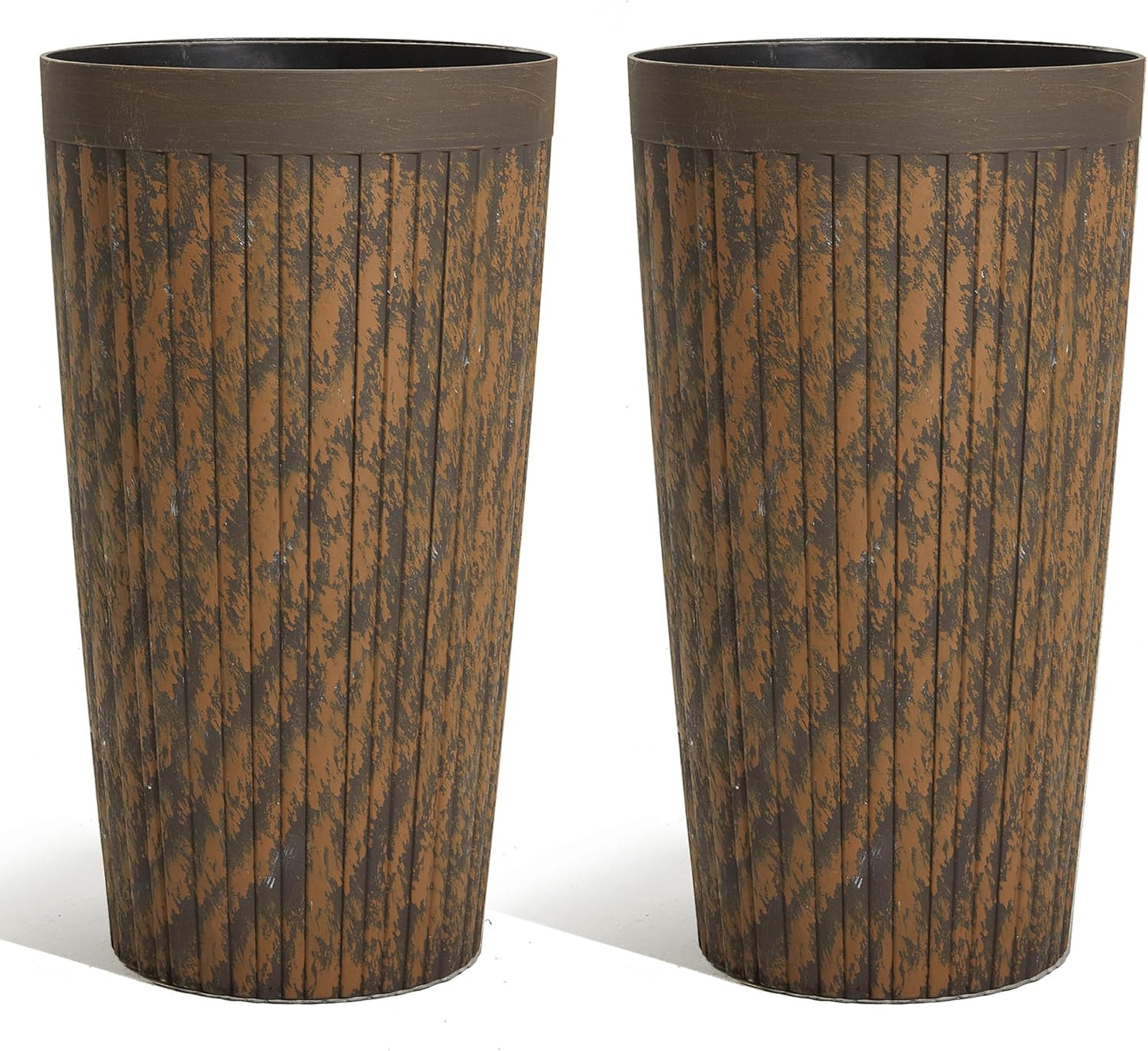 Worth Garden 22.5" H. Plastic Planters - Set of 2 Vintage Brown Tall Conical Plant Pots for Indoor Outdoor Use - Decorative Lightweight Flower Pots for Front Porch, Patio, Deck - 12.5" Dia x 22.5" H