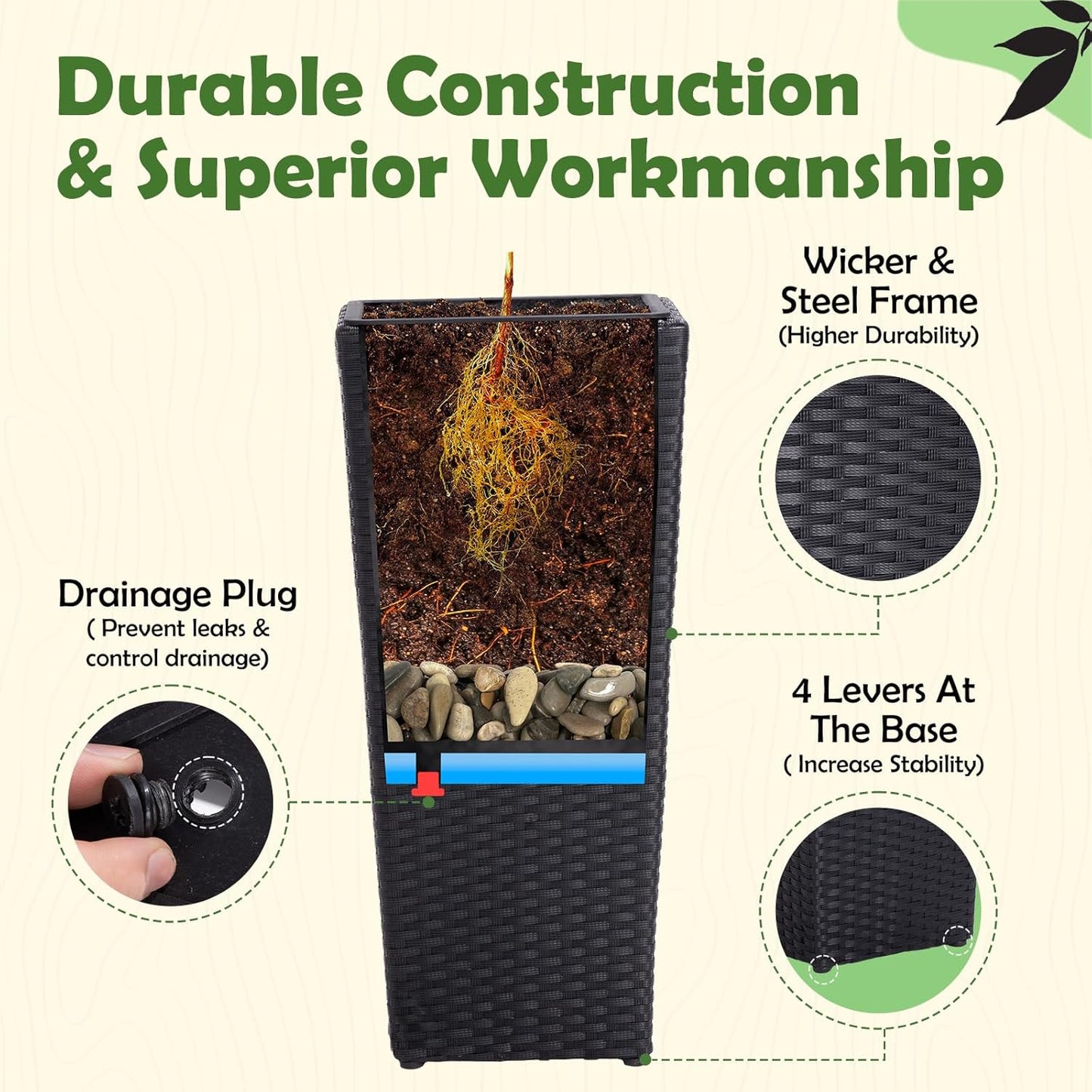 IDZO Wicker All-Weather Planter Set with Liners Tall Plant Decor Box for Outdoors Patio Herb Garden Furnishings - Rectangular Mocha