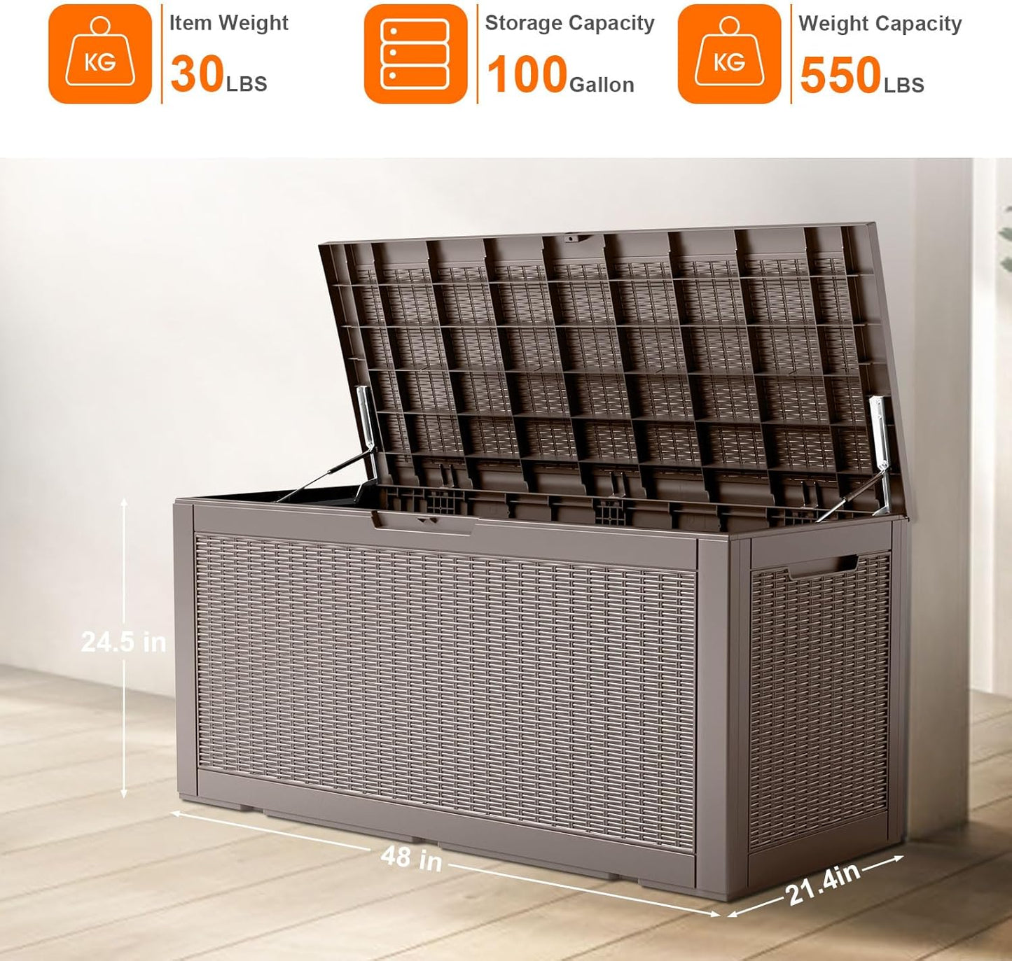 100 Gallon Resin Deck Box, Lockable Patio Outdoor Storage Box for Furniture, Garden Tools and Tools Storage, Waterproof Outside Storage Boxes - Grey