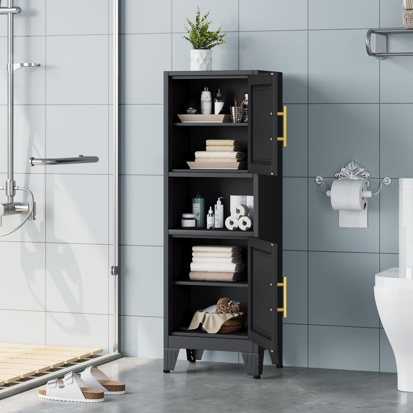 47.24" H Metal Narrow Bathroom Storage Cabinet Pantry Storage Cabinet, 2 Adjustable Shelves for Kitchen, Home Office, Living Room, Dinning Room (Black)