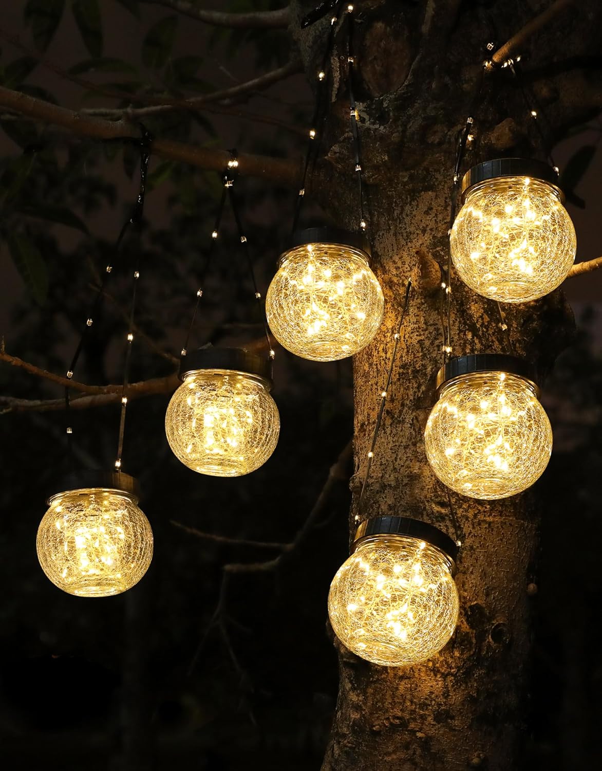 PARTPHONER Solar Lanterns Solar Lights Outdoor Waterproof 6-Pack, Solar Powered Hanging Lights Cracked Glass Hanging Globes for Christmas Decoration, Shepherd Hook, Garden Tree Ornaments
