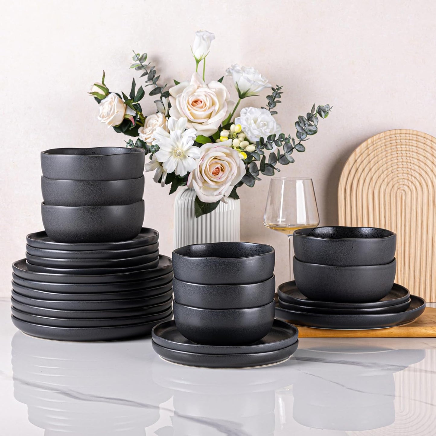 AmorArc Dinnerware Sets for 8, Wavy Rim Plates and Bowls Sets, Highly Chip and Crack Resistant | Dishwasher & Microwave & Oven Safe Dishes set, Service for 8 (24pc)