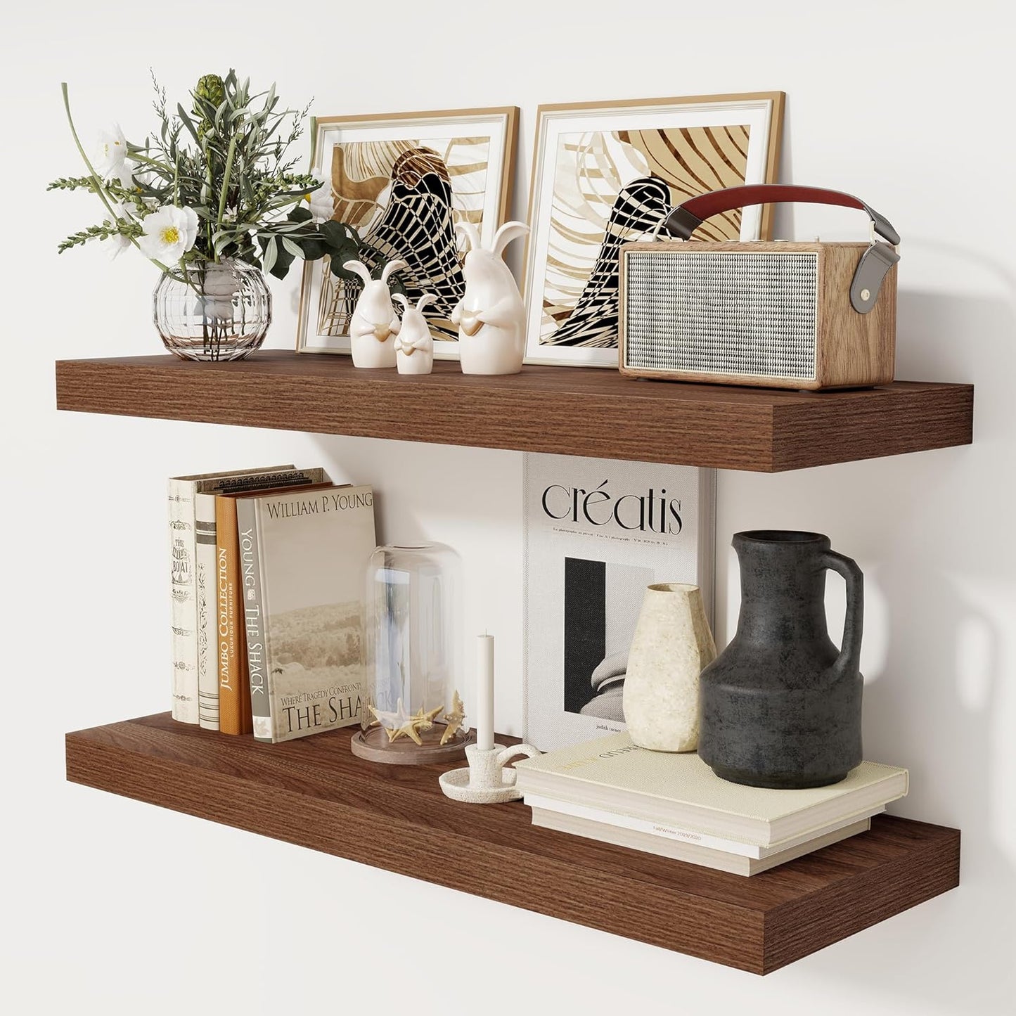 Floating Shelves 36 Inch Long, 12 Inch Deep Floating Shelves for Wall, 36 x 12 Shelves for Wall Storage & Display, 2" Thick Floating Shelf for Bathroom, Living Room, Bedroom, Walnut Color, Set of 2