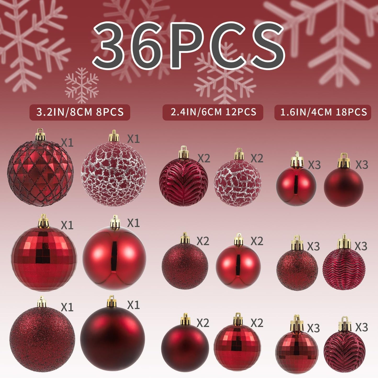 LANGXUN 36pcs Wine Red Christmas Tree Decorations Balls, Bolas De Navidad, 2025 Christmas Decor, Indoor Outdoor Shatterproof Christmas Ornaments, Xmars Party Wedding Suppiles