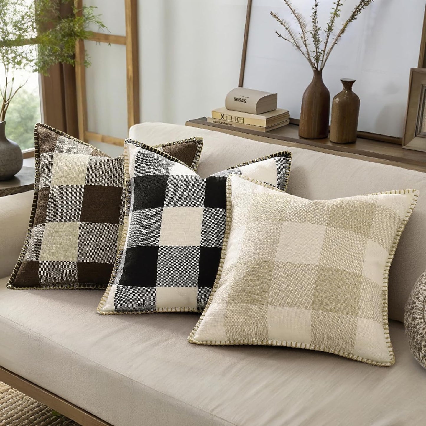 decorUhome Buffalo Plaid Check Throw Pillow Covers 20x20 Set of 2, Outdoor Decorative Farmhouse Neutral Pillow Covers with Stitched Edge for Bed Couch Sofa, Black and White