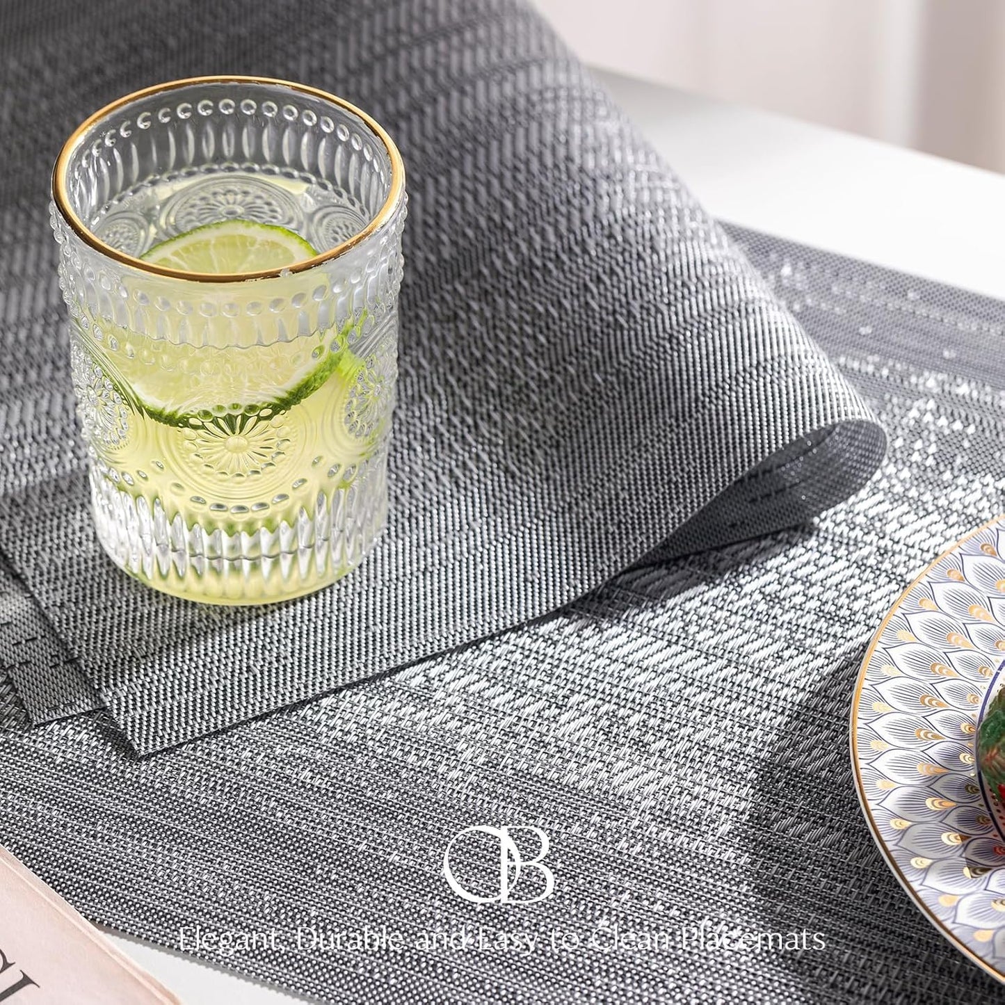 Placemats Set of 8 - Easy Clean Woven Vinyl Placemat for Dining Table, Indoor/Outdoor Place Mats, Washable PVC Table Mats（Gray）