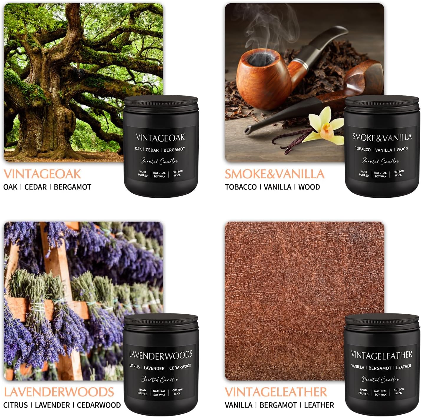 Scented Candles Gift Set - 4 Pack (7oz Each) Soy Wax Aromatherapy Candles with Essential Oils, Smokeless - Leather & Smoke, Vanilla Oakmoss, Lavender - Relaxing Fragrance for Home, Office, Yoga