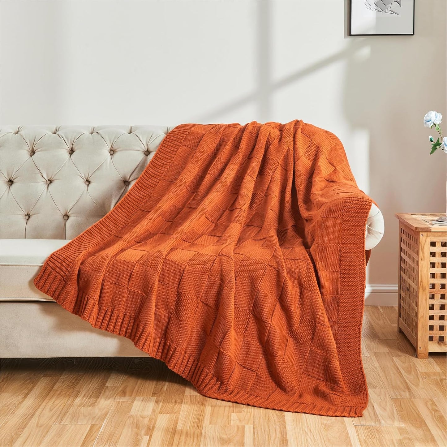 CozeCube Check Knit Throw Blanket, Rust Orange Checkered Throw for Couch, Decorative Christmas Soft Cozy Warm Knitted Blanket for Bed Sofa Living Room, 60"X80"