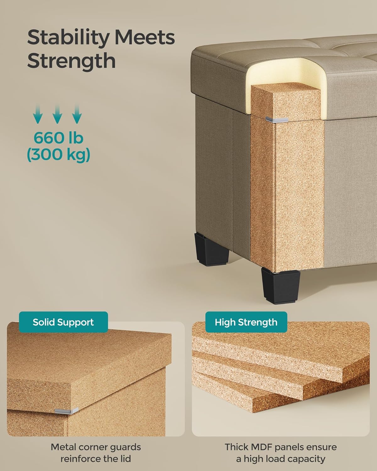 SONGMICS Storage Ottoman Bench, Foldable Foot Rest with Legs, 15 x 43 x 15.7 Inches, End of Bed Bench, Storage Chest, Load up to 660 lb, for Living Room, Bedroom, Entryway, Camel Brown ULSF018K01