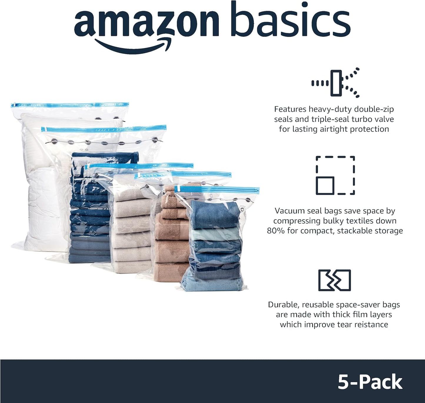 Amazon Basics Vacuum Compression Zipper Storage Bags With Hand Pump, Medium, Clear, 5-Pack, White, Sky Blue