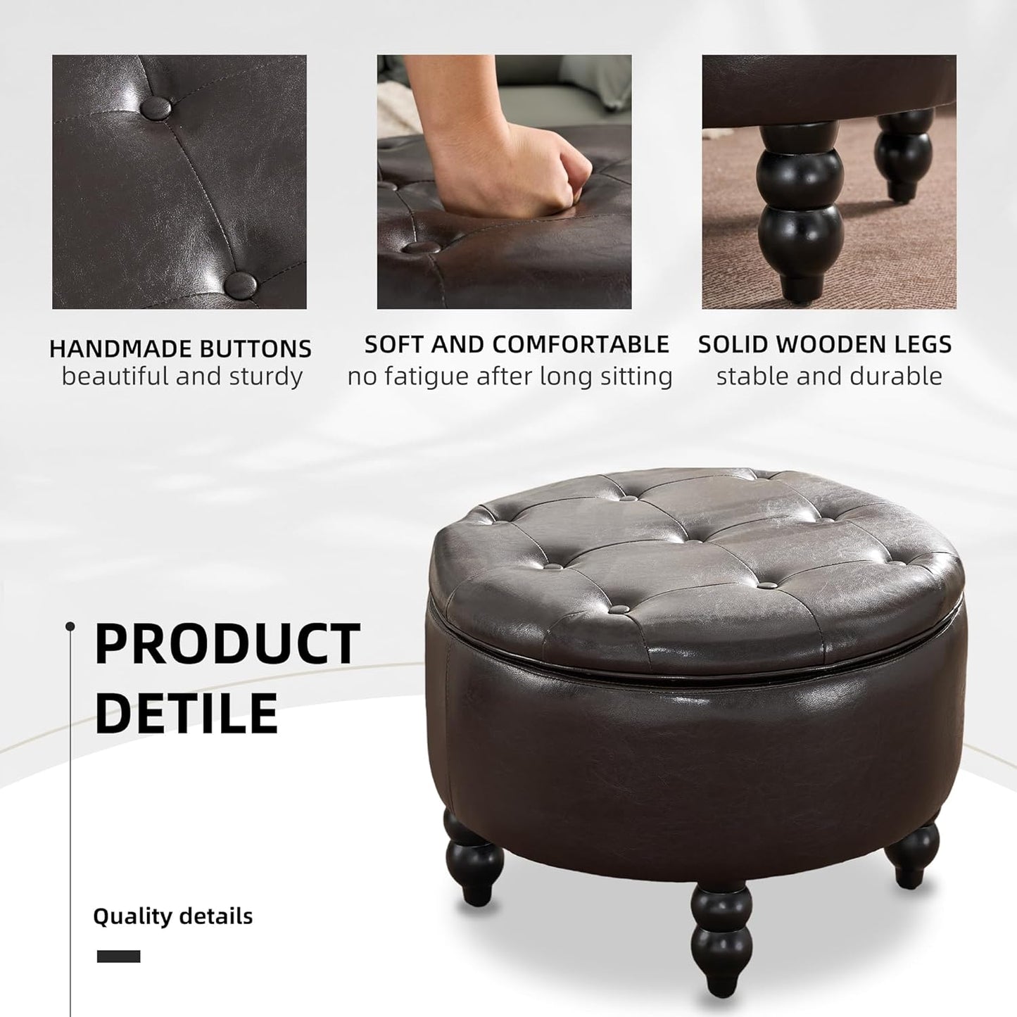 PU Leather Round Ottoman with Storage, Upholstered Tufted Storage Footstool, Modern Wooden Coffee Table for Living Room, Bedroom, Dark Brown(PU)