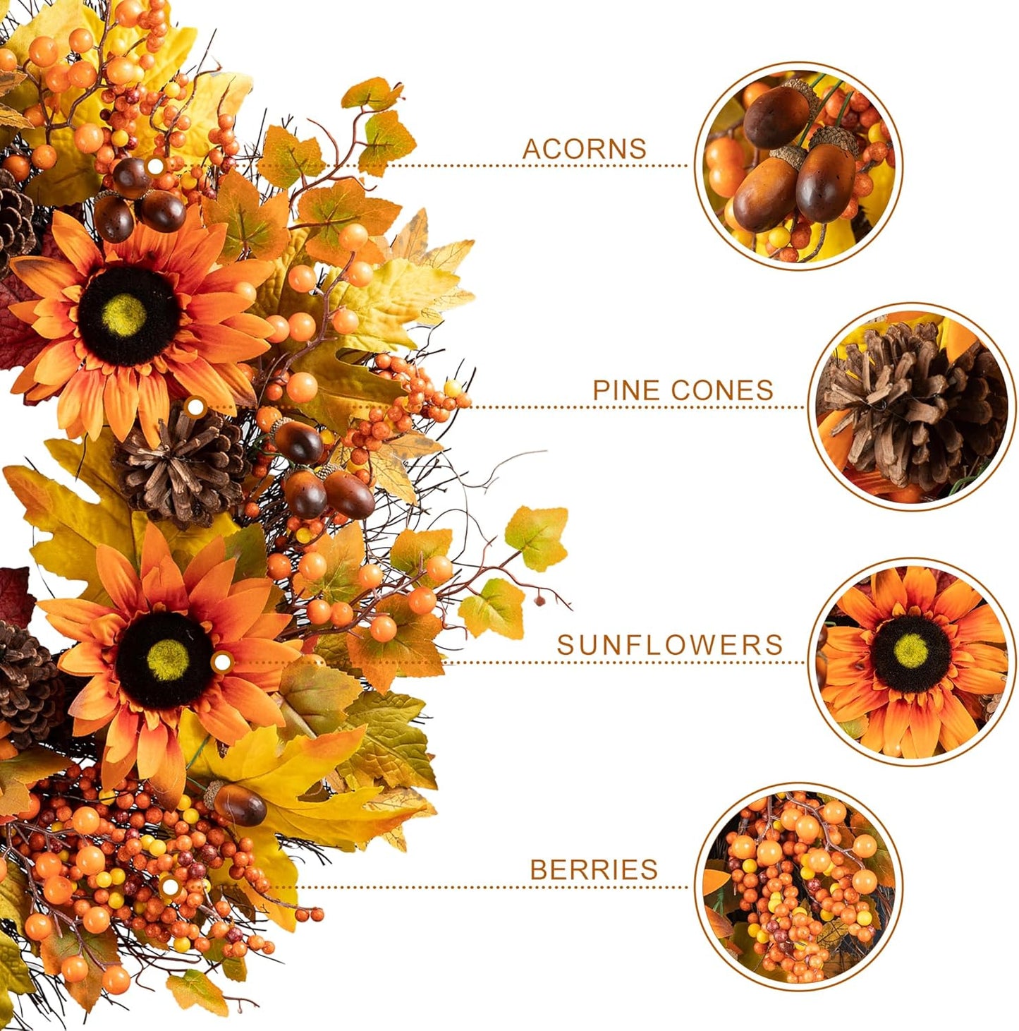 Glitzhome 24'' Fall Wreath for Front Door Decor, Artificial Autumn Orange Wreath with Sunflower, Maple Leaf and Berry Ornament for Wall Fireplace Farmhouse Thanksgiving Day Harvest Festival Decor