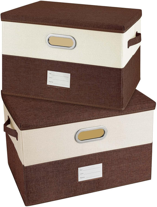 Large Linen Fabric Foldable Storage Bins with Removable Lid and Handles, Washable Storage Box Organizer Containers Baskets Cube with Cover for Bedroom,Office (Coffee&Cream, Medium(2-Pack))