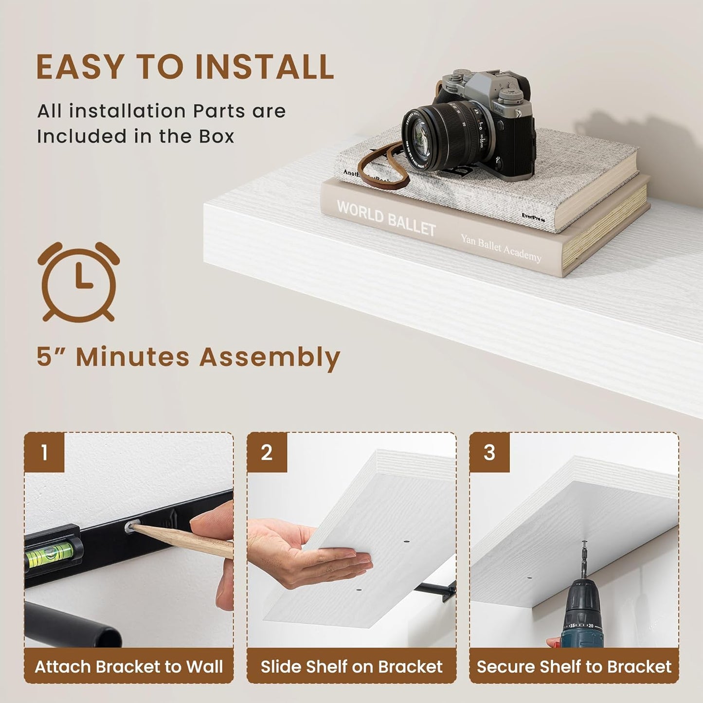 fuqing Floating Shelves for Wall, Bathroom Shelf Wall Mounted for Storage, Shelves with Invisible Bracket for Bedroom, Kitchen, Living Room, Farmhouse Small Book Shelf, 48 Inch Set of 2, White