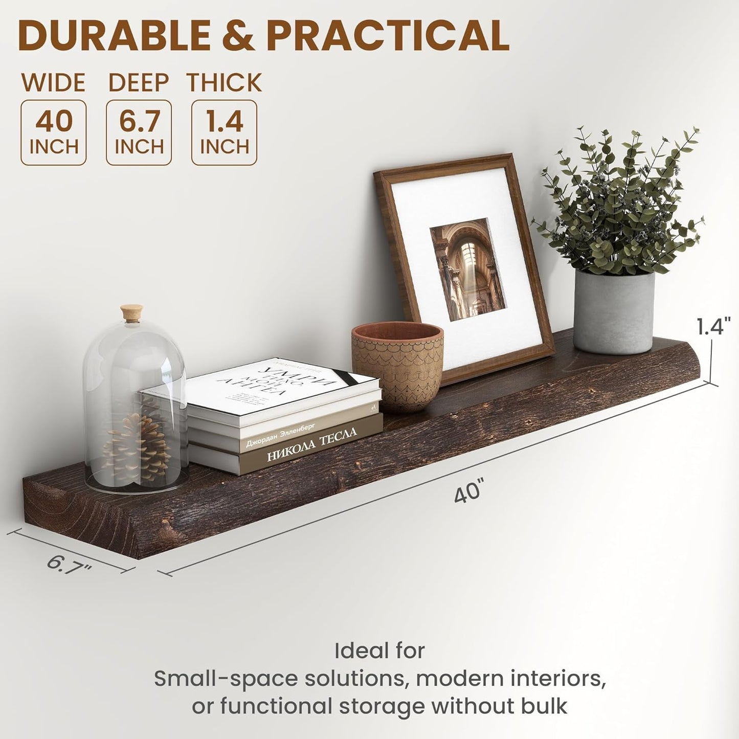 Fun Memories 40" Floating Shelves for Wall, Live Edge Solid Elm Wood Floating Shelf with Invisible Bracket, Wall Mounted Display Wooden Shelves for Bathroom, Kitchen, Bedroom, Walnut Color, Set of 1