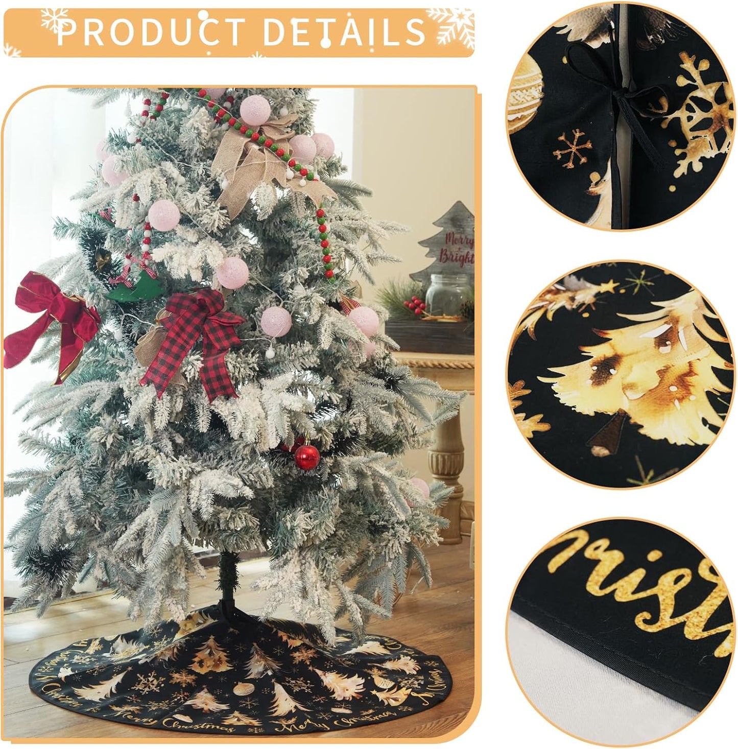 CROWNED BEAUTY Merry Christmas Tree Skirt Collar 48 Inch Xmas Trees Snowflakes Soft Farmhouse Holiday Decoration (Gold & Black) TS26