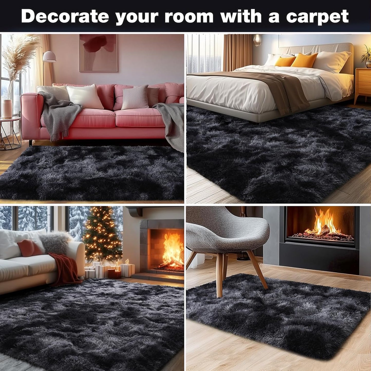 Rezutan Rugs for Living Room, Area Rug 4x6 Fluffy Rug Carpet, Soft Shaggy Modern Floor for Kids Boys Girls Bedroom, Plush Fuzzy Dorm,(Black Grey Tie-Dyed,4ft x 6ft)