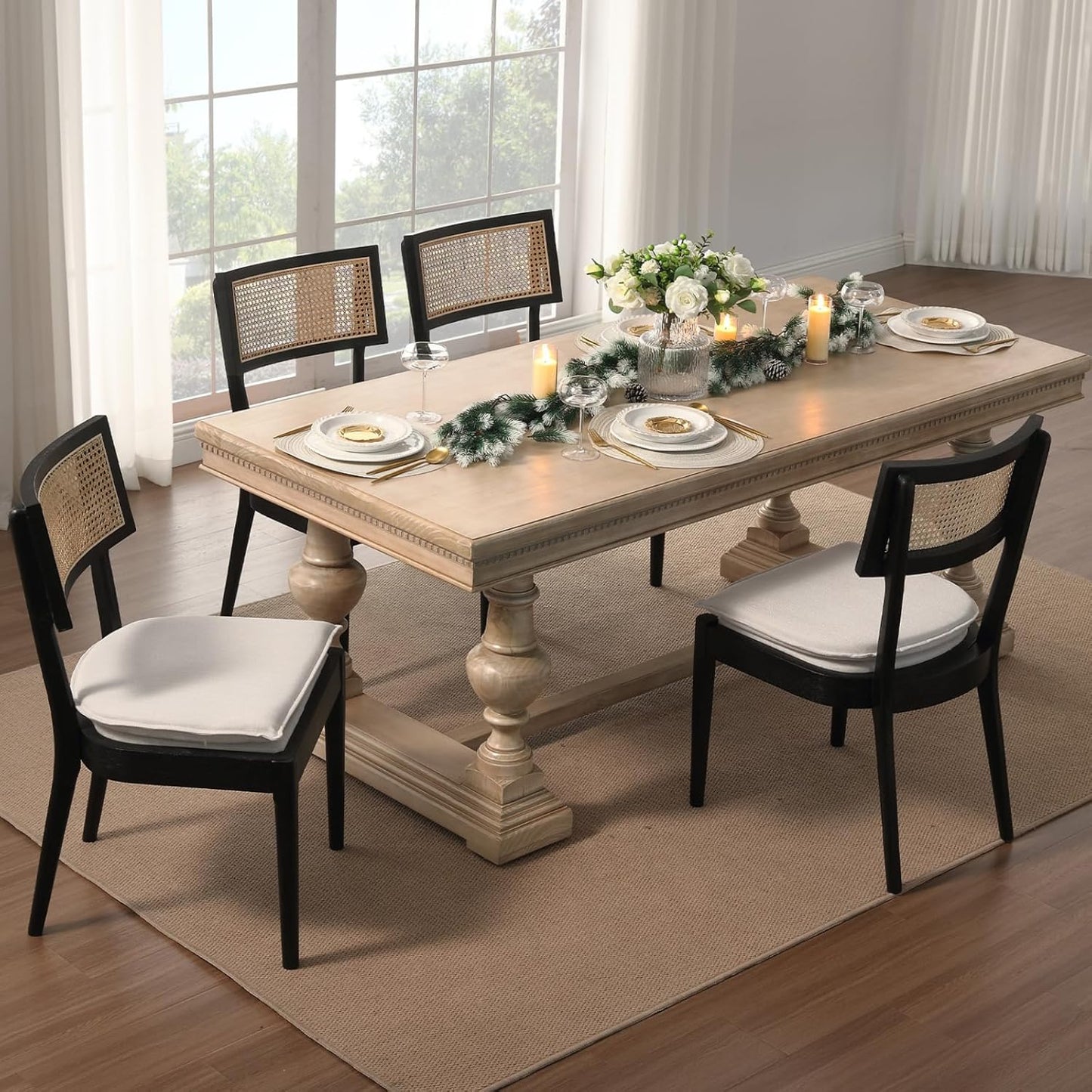 Rattan Dining Chairs Set Of 2 , Mid Century Modern Black Wooden Cane Back Chairs with Removable Linen Cushion , Retro Farmhouse Upholstered Kitchen & Dining Room Chairs for Restaurant Living Room