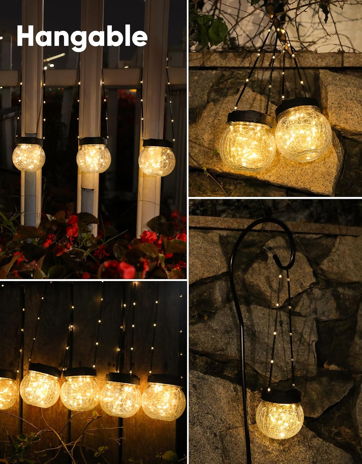 PARTPHONER Solar Lanterns Solar Lights Outdoor Waterproof 6-Pack, Solar Powered Hanging Lights Cracked Glass Hanging Globes for Christmas Decoration, Shepherd Hook, Garden Tree Ornaments
