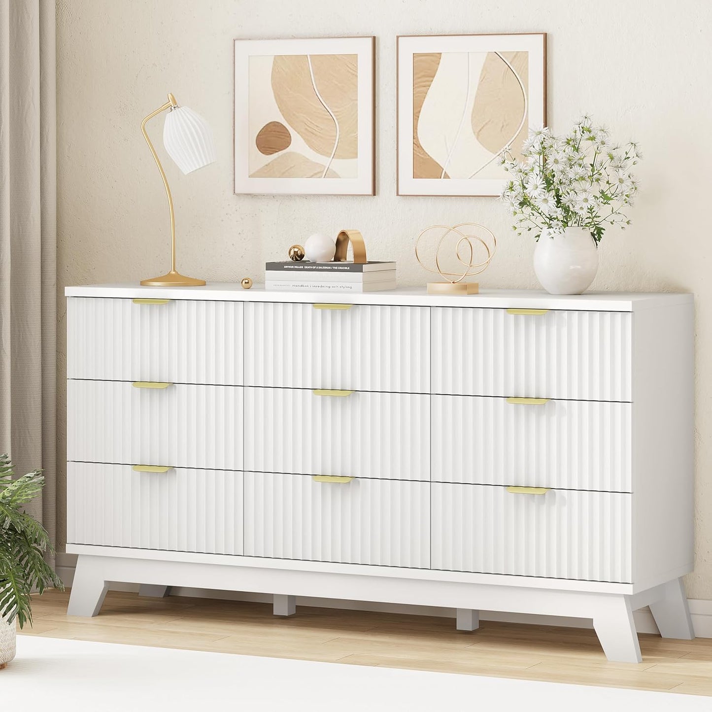 Fluted Dresser for Bedroom with 9 Drawers, 57" Wide Modern Chest of Drawers with Metal Handle, Wooden Dresser TV Stand, Wood Closet Clothes Storage Organizer for Living Room, Hallway, White