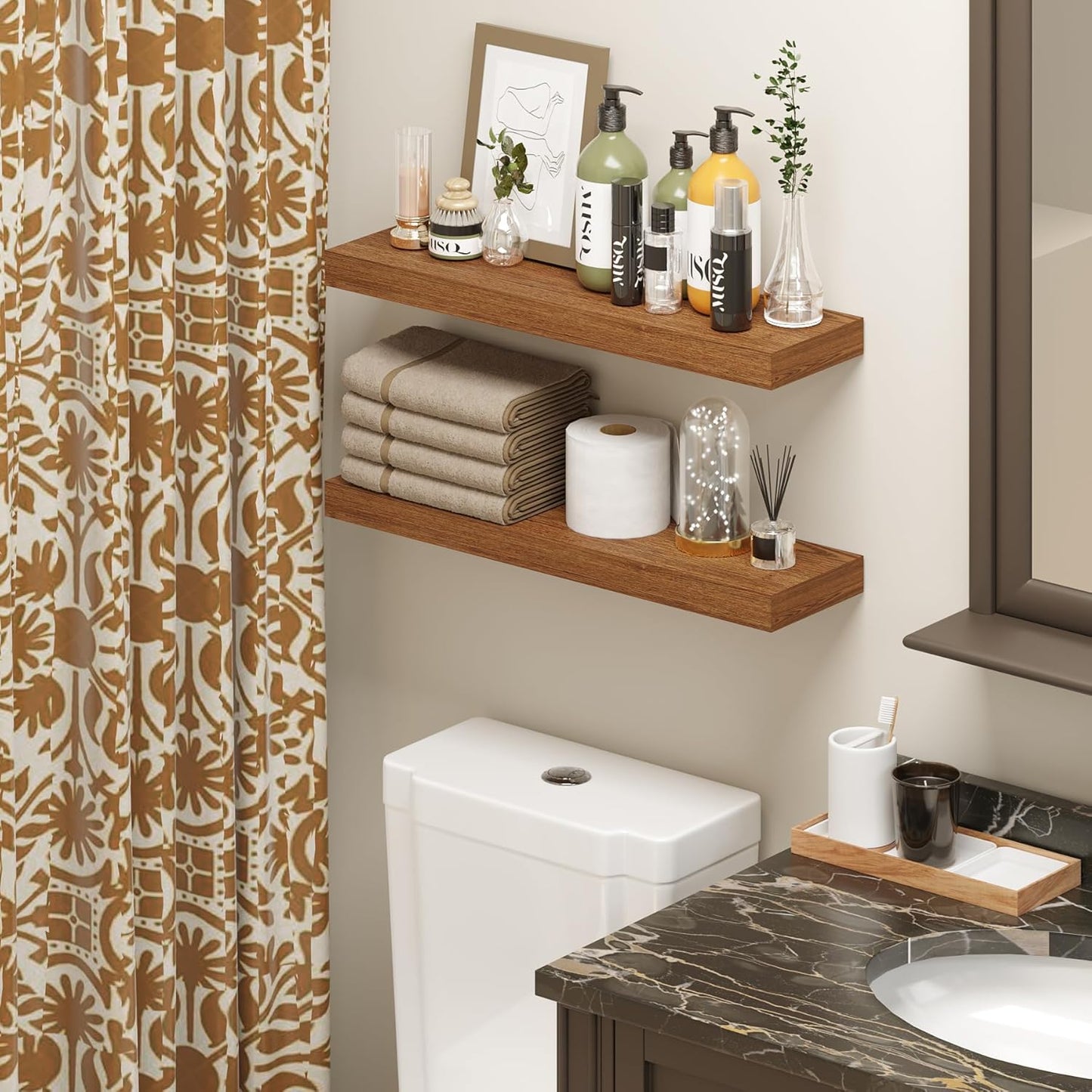 BAMEOS 24x6 Wall Shelf, 2-Shelf Modern Oak Floating Shelf Set for Bedroom, Bathroom, Kitchen Storage