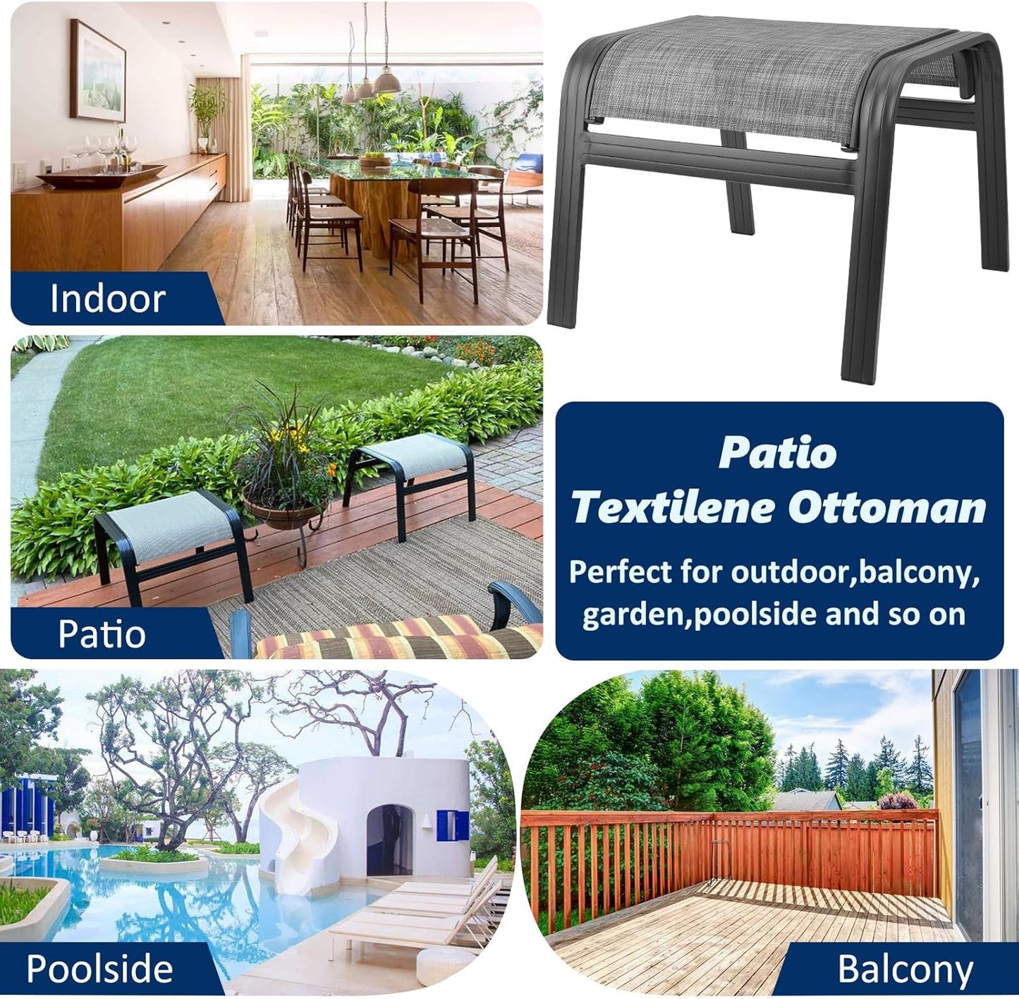 Outdoor Patio Ottoman Seat Textilene Portable Metal Footstool Portable Footrest Patio Chairs 2 Set New Grey