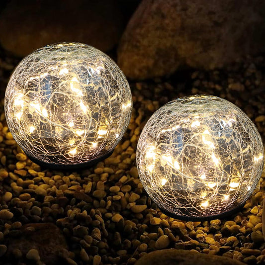 Solar Globe Lights, Cracked Glass Solar Waterproof Warm White LED Ball Lights for Yard Pathway Patio & Lawn Decor (Warm Colors, 2 Pack, 3.94")
