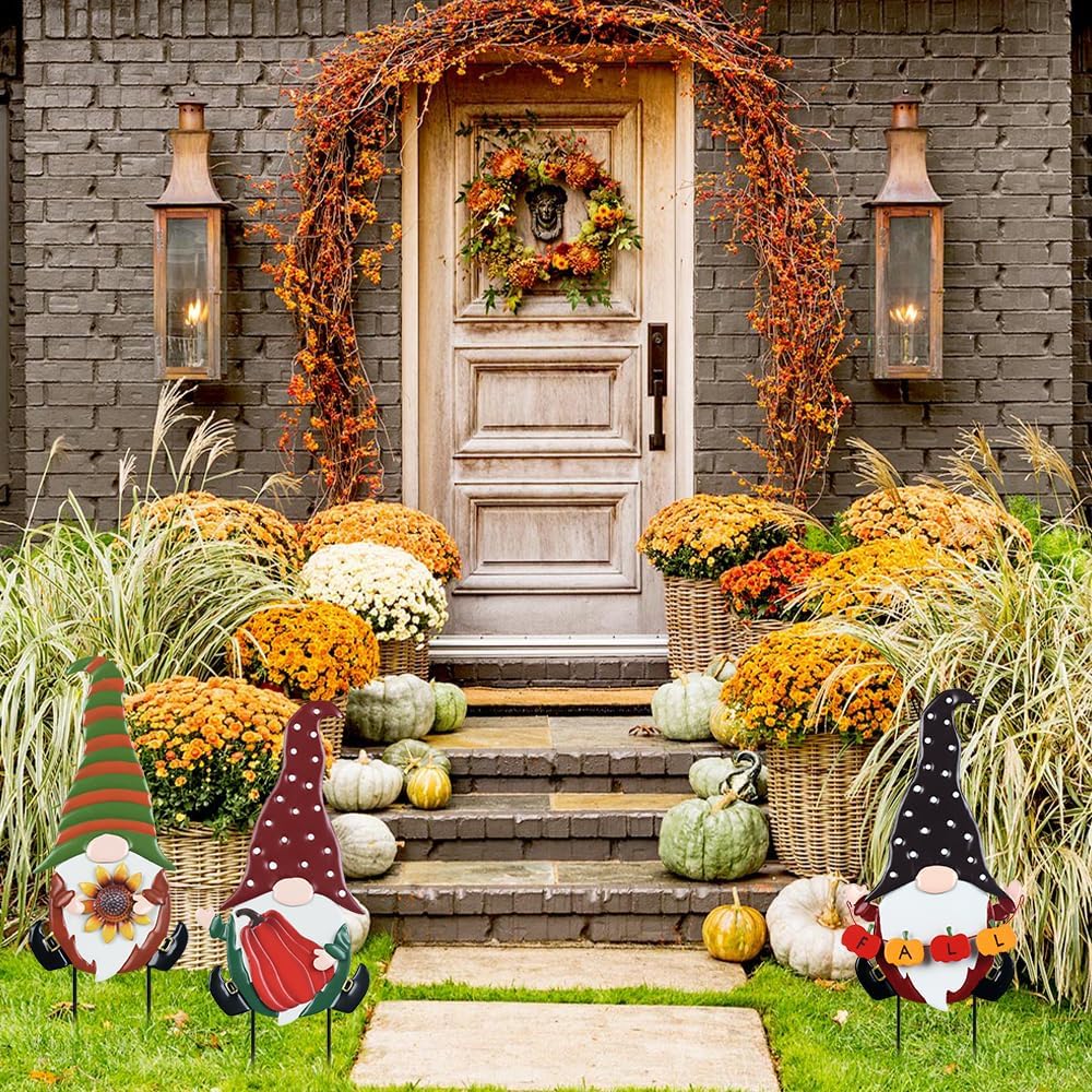 YEAHOME Fall Decorations for Home Outdoor, 3 Pack Gnomes Decorative Garden Stakes for Fall Decor, Autumn Metal Yard Signs for Outside Garden Lawn Porch Thanksgiving Decorations