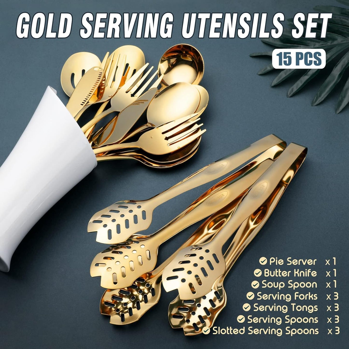 Gold Serving Utensils, OGORI 15-Piece Stainless Steel Gold Serving Utensils Set Include Serving Spoons, Slotted Serving Spoons, Serving Tongs, Serving Forks, Butter Knife, Soup Ladle, Pie Server