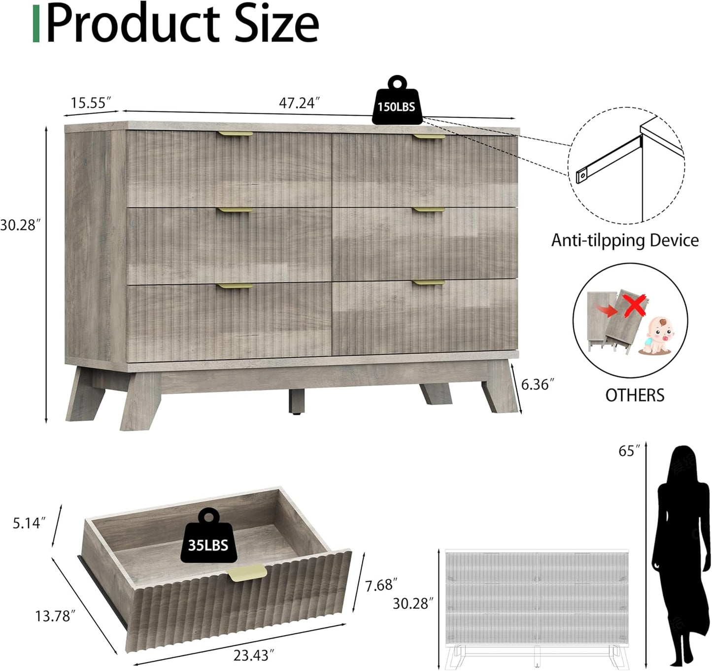 Fluted Dresser for Bedroom with 6 Drawers, 48" Wide Modern Chest of Drawers with Metal Handle, Wooden Dresser TV Stand, Wood Closet Clothes Storage Organizer for Living Room, Hallway, Grey