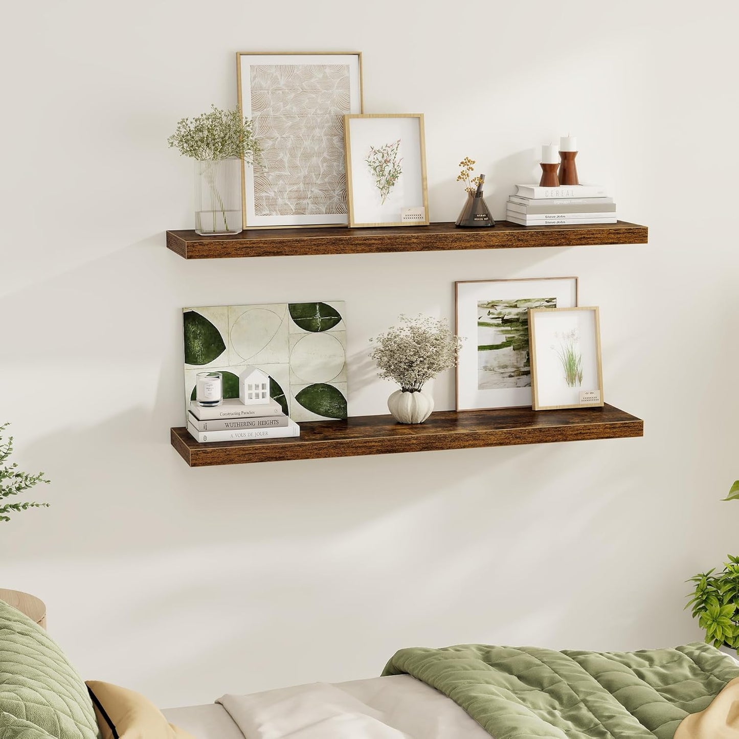 Floating Shelves Wall Shelf 48 Inch, 9.3 Inch Deep Floating Shelf, Farmhouse Black Wood Shelves Invisible Bracket for Living Room, Bedroom, Kitchen, 48 x 9.3 x 1.4 Inch, Set of 2, Rustic Brown