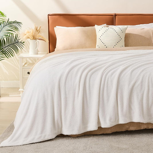 EMME Muslin and Fleece Queen Blanket Reversible - 80"*90" Cream Soft Warm Throw Blankets for Couch Bed Picnic Travel Bed