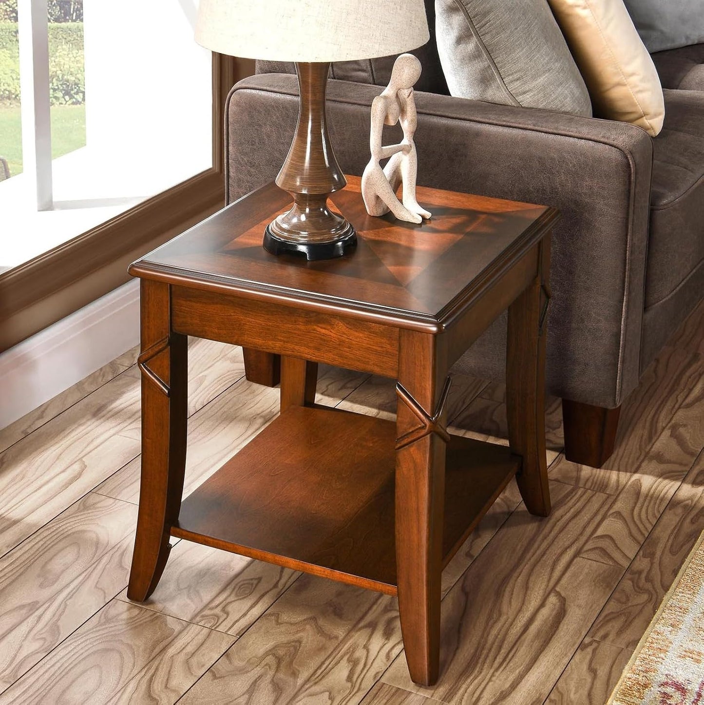 Solid Wood End Table with Storage Shelf, Vintage Rectangle Sofa Side Table with Splicing Tabletop and Carved Leg, BesideTelephone Table Cherry Brown,19.7 * 17.7 * 19.7in CJZ-DR200