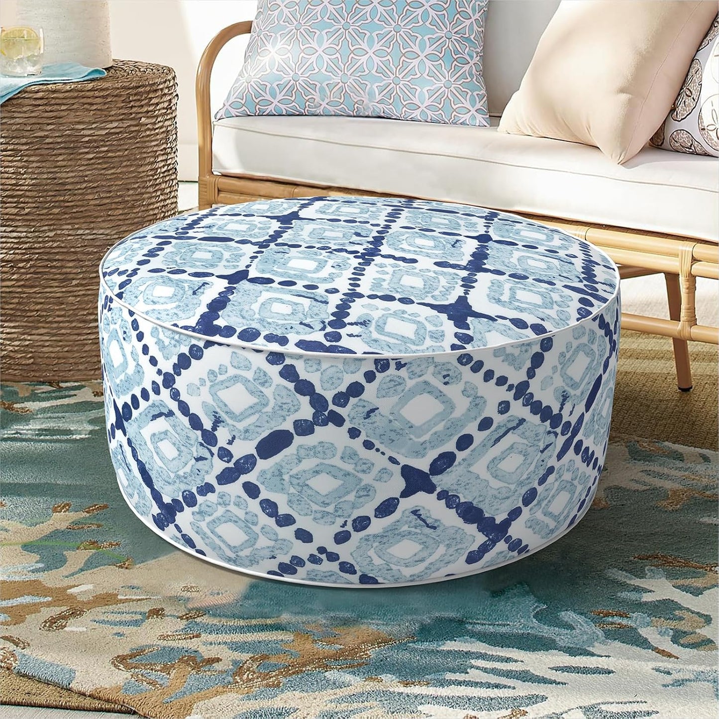 Inflatable Ottoman Stool D21 xH9 for Outdoor/Indoor Use, Water Repellent Patio Foot Rest with Portable Handle,Round Pouf Ottoman Suitable for Garden,Deck and Camping - Boho Geometry Blue
