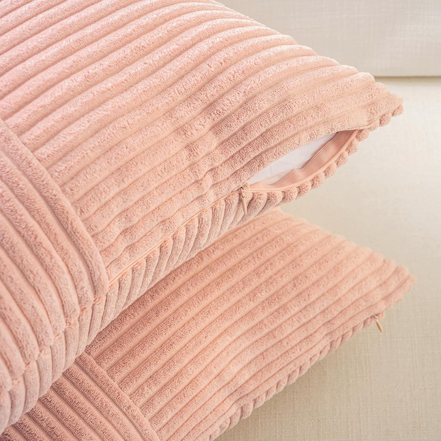 Fancy Homi 2 Packs Peach Decorative Throw Pillow Covers 16x16 Inch for Living Room Couch Bed Sofa, Rustic Farmhouse Boho Home Decor, Soft Corss Patchwork Corduroy Textured Square Cushion Case 40x40 cm