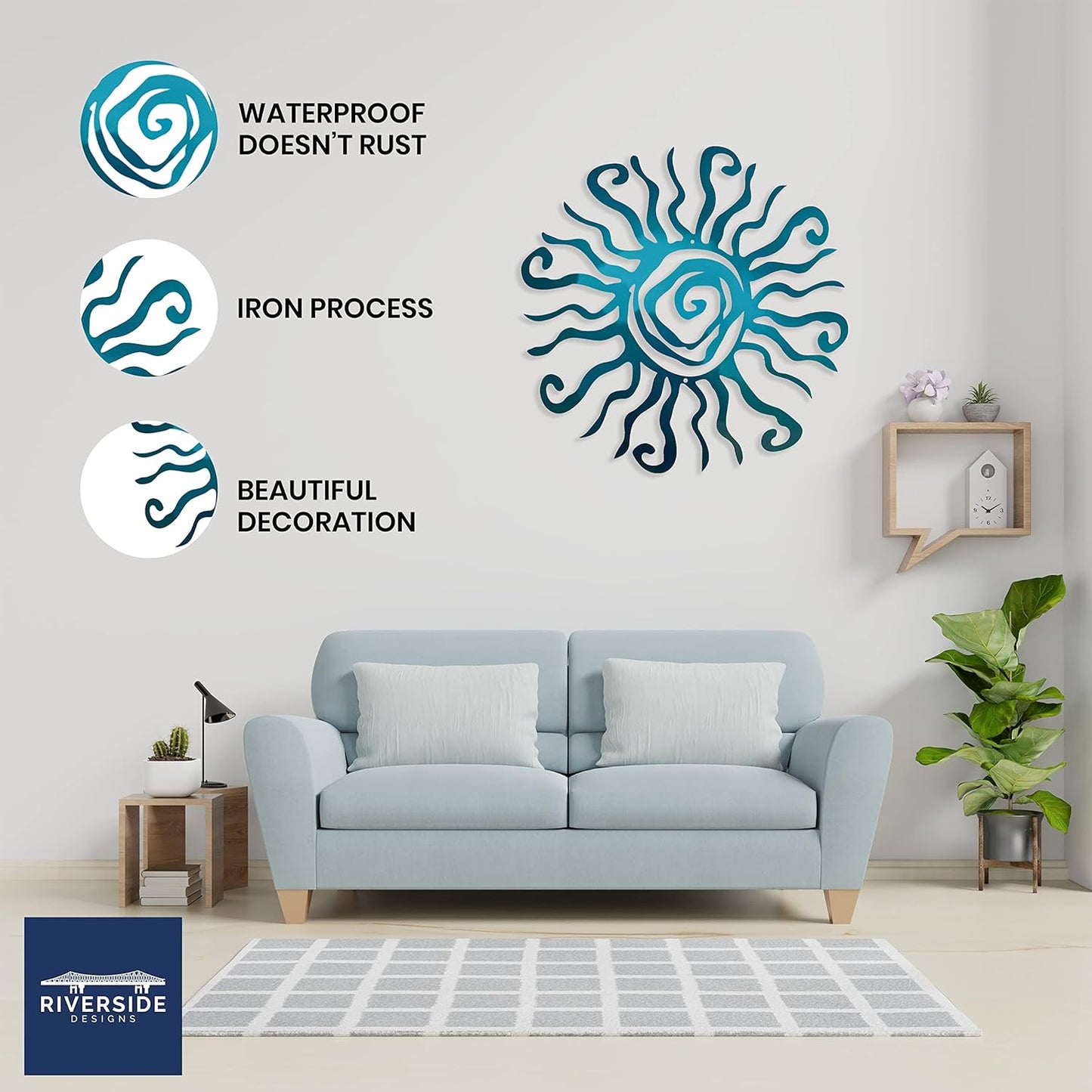 Riverside Designs Wacky Sun Metal Wall Art Indoor/Outdoor Decor - 24" Teal Rust Proof Wall Sculpture - Made in USA - Ideal for Bedroom, Garden, Home, Patio and Farmhouse