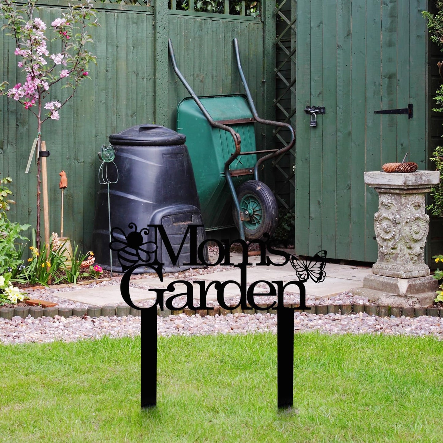 Custom Patio Meta Sign with Stake, Bee and Butterfly Decoration, Farmhouse Yard Art - Personalized Gardener Name, Gift for Mom & Grandma