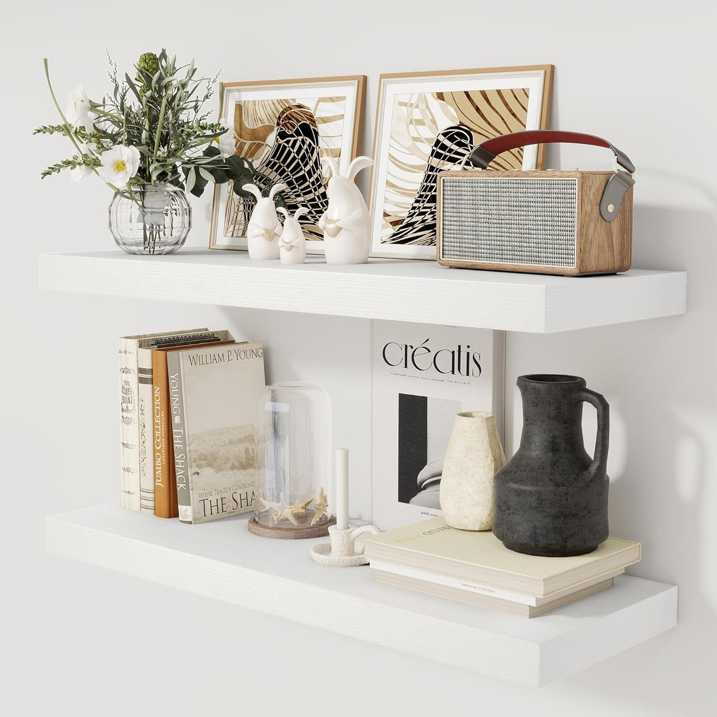 White Floating Shelves 36 Inch Long, 12 Inch Deep Floating Shelves for Wall, 36 x 12 Shelves for Wall Storage & Display, 2" Thick Floating Shelf for Bathroom, Living Room, Bedroom, Set of 2