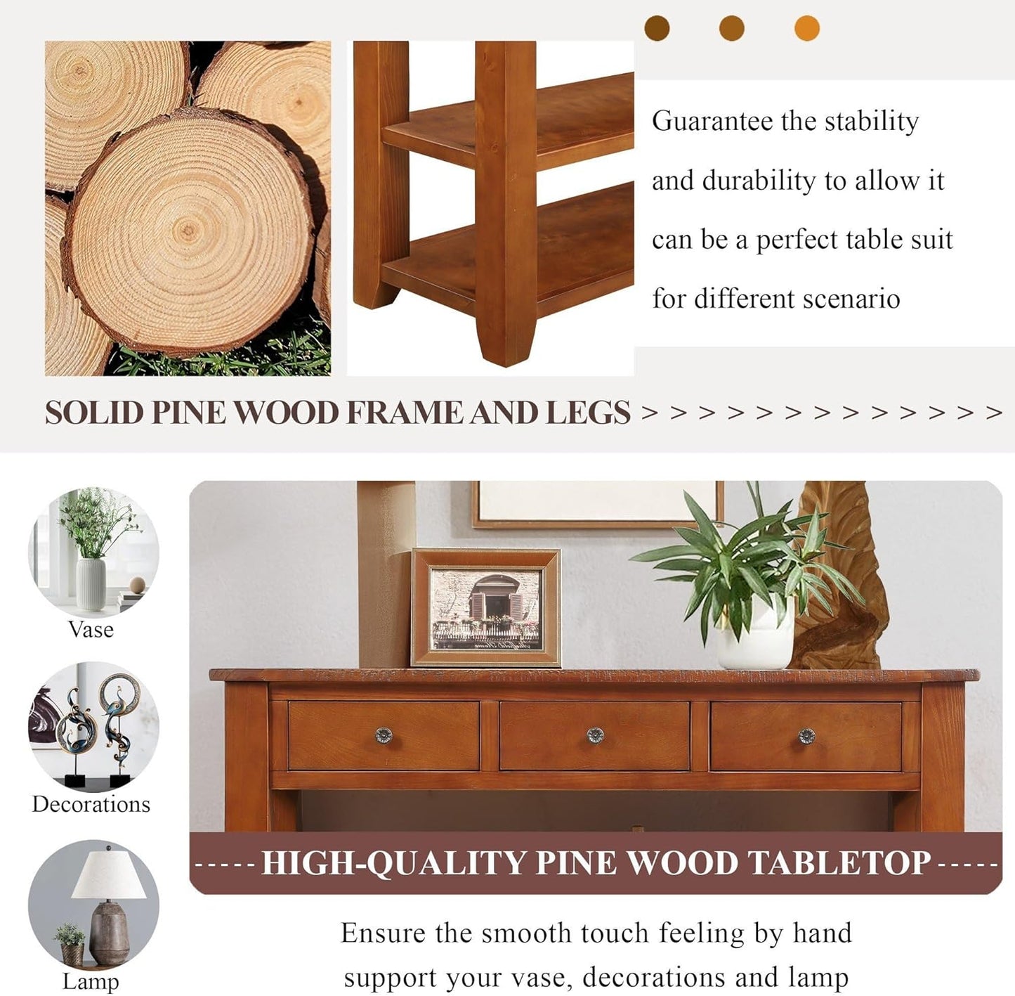 Solid Wood Console Table Entryway Table with Storage Drawers and Bottom Shelf Sofa Table for Entry Hallway Foyer Sofa Couch Table,Fully Assembled (48.8" Brown)