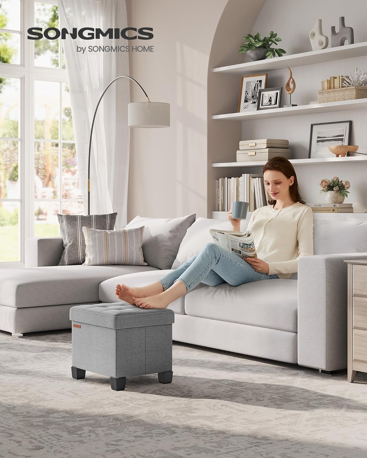 SONGMICS Storage Ottoman, Small Ottoman Foot Rest with Legs, 12.6 x 15.8 x 13.2 Inches Foot Stool, Load up to 660 lb, for Living Room, Bedroom, Dorm, Dove Gray ULSF012G02