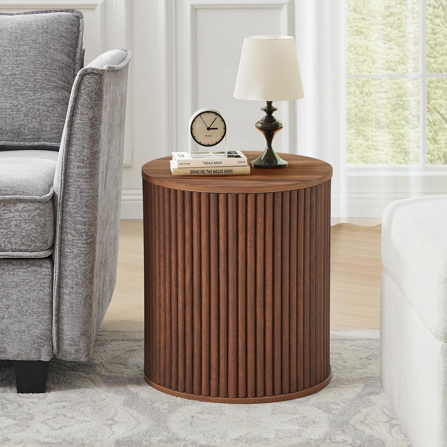 AVZEAR Small Round Side Table Fluted Night Stand Set of 2, Mid Century Modern End Table with Storage, Circle Bedside Tables Wood Nightstands for Small Spaces, Living Room, Bedroom (Walnut)