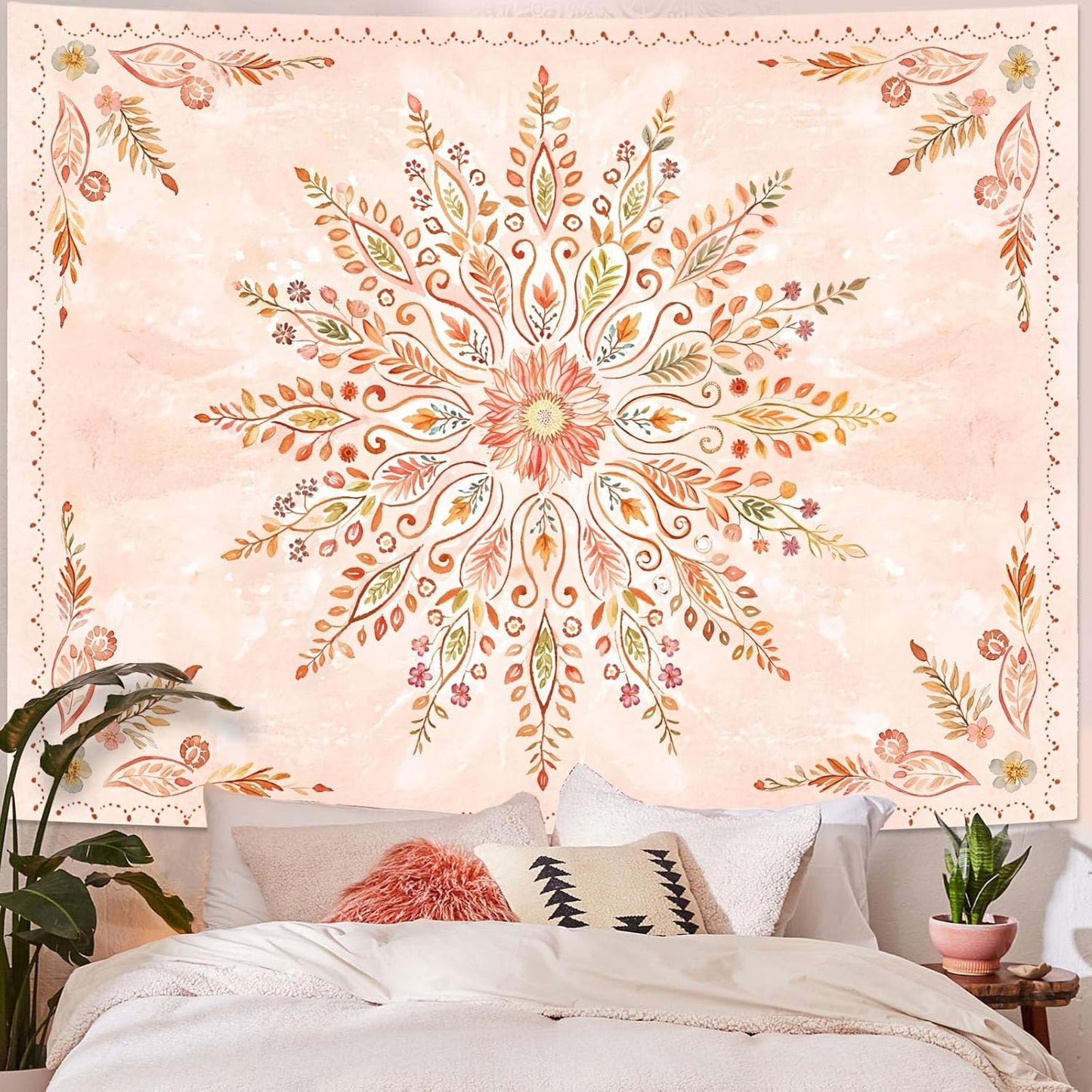 Lunerfex Floral Mandala Tapestry Boho Tapestry for Bedroom Orange Tapestries Wall Hanging Living Room Wall Art and Home Decor 70x90